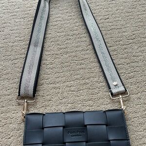 Pom Pom London Black Woven Crossbody Bag with Striped Shoulder Strap